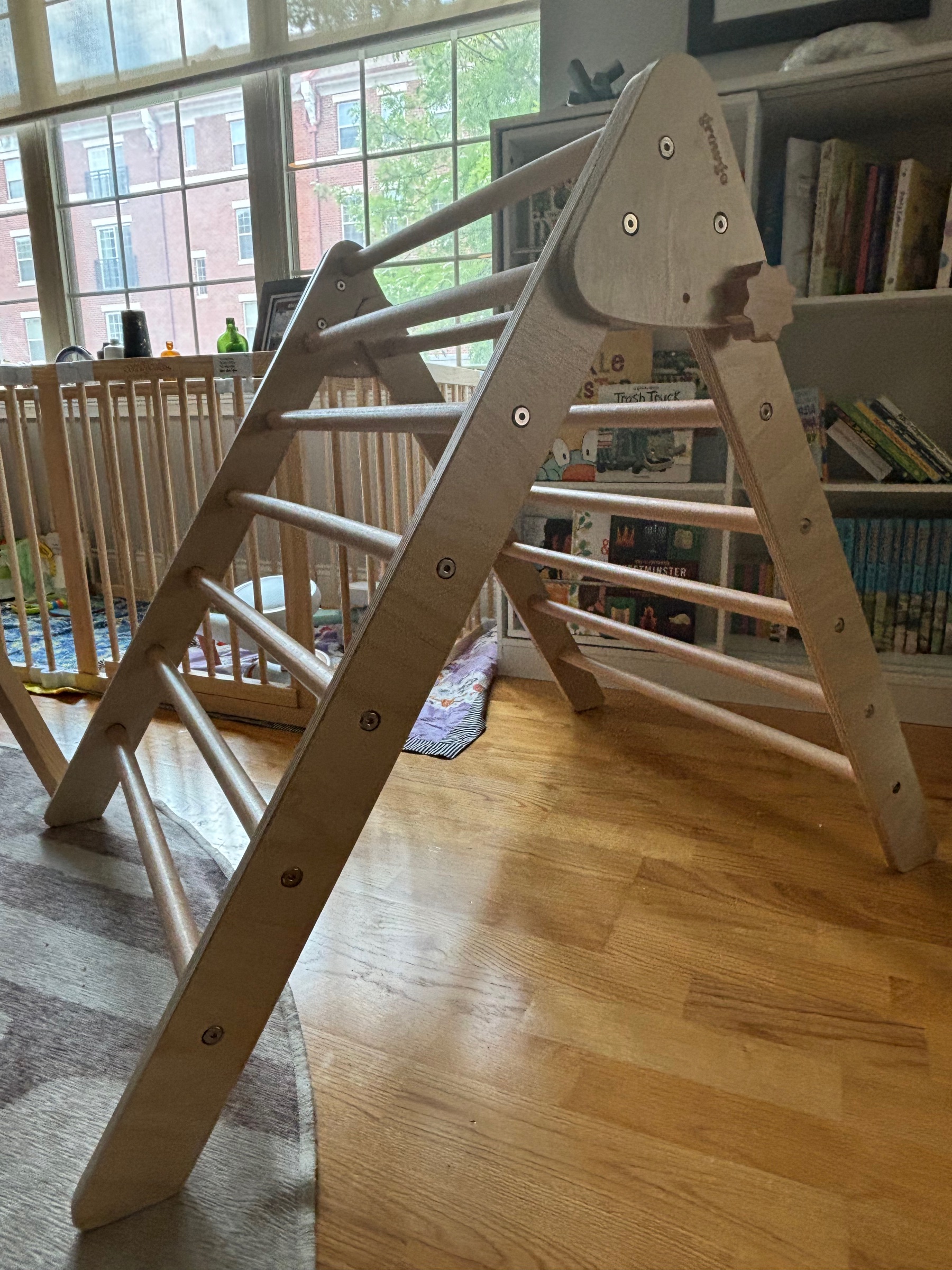 The Growgo Pikler Triangle set up in our living room